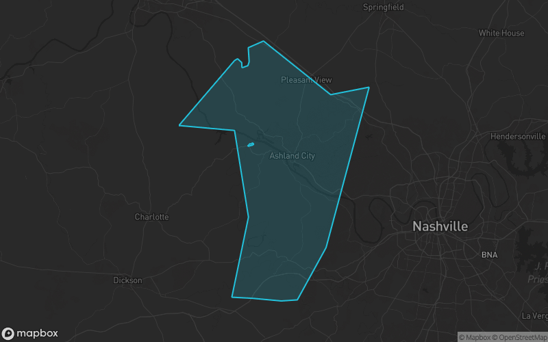 Map of Cheatham County, Tennessee showing the county boundary and surrounding cities