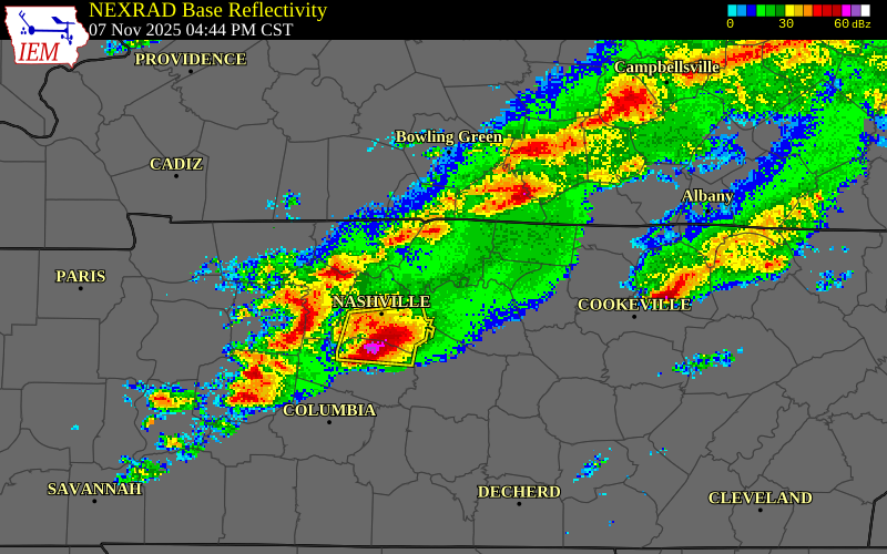 NEXRAD radar during the Friday, November 7, 2025 storm activity in Cheatham County, Tennessee