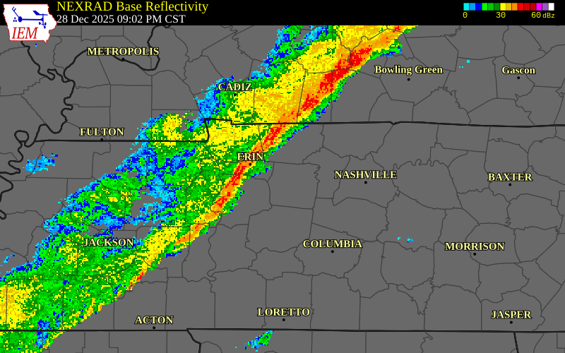 NEXRAD radar during the Sunday, December 28, 2025 storm activity in Cheatham County, Tennessee