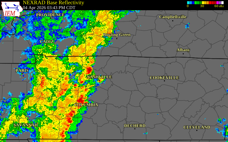 NEXRAD radar during the Saturday, April 4, 2026 storm activity in Cheatham County, Tennessee