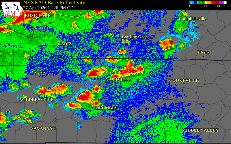 NEXRAD radar during the Monday, April 27, 2026 storm activity in Cheatham County, Tennessee