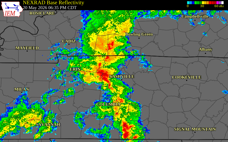 NEXRAD radar during the Wednesday, May 20, 2026 storm activity in Cheatham County, Tennessee