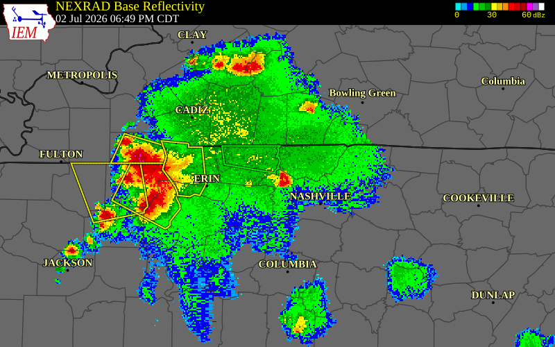 NEXRAD radar during the Thursday, July 2, 2026 storm activity in Cheatham County, Tennessee