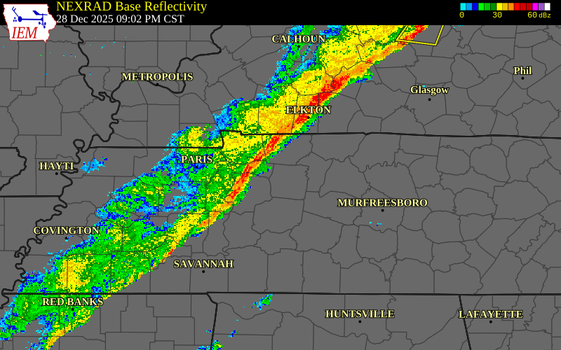 Radar snapshot during the Dec 28, 2025 wind event near Cheatham County, Cheatham County, Tennessee, with NWS warning polygons