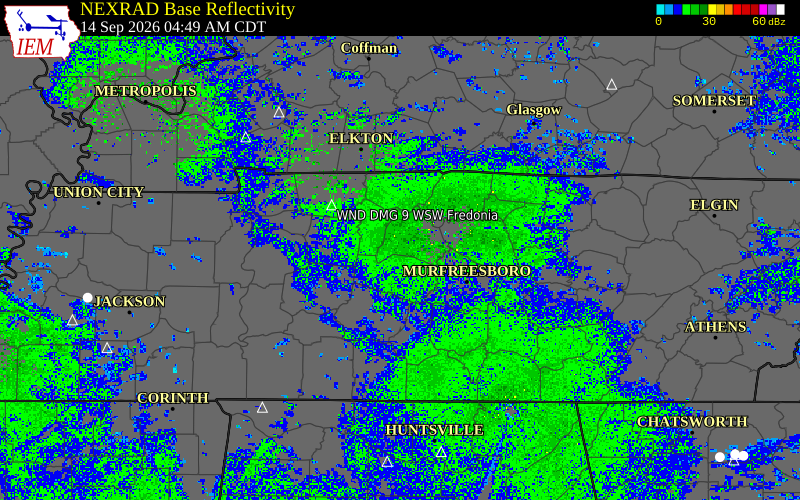 Current NEXRAD radar over Cheatham County, Tennessee with recent storm report locations