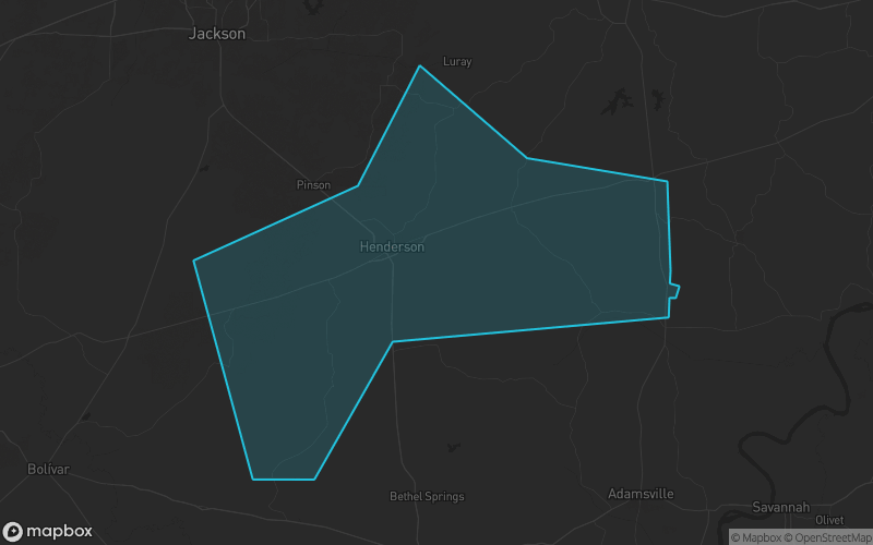 Map of Chester County, Tennessee showing the county boundary and surrounding cities