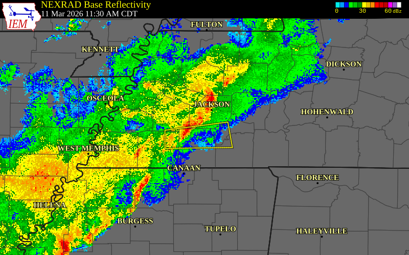 NEXRAD radar during the Wednesday, March 11, 2026 storm activity in Chester County, Tennessee