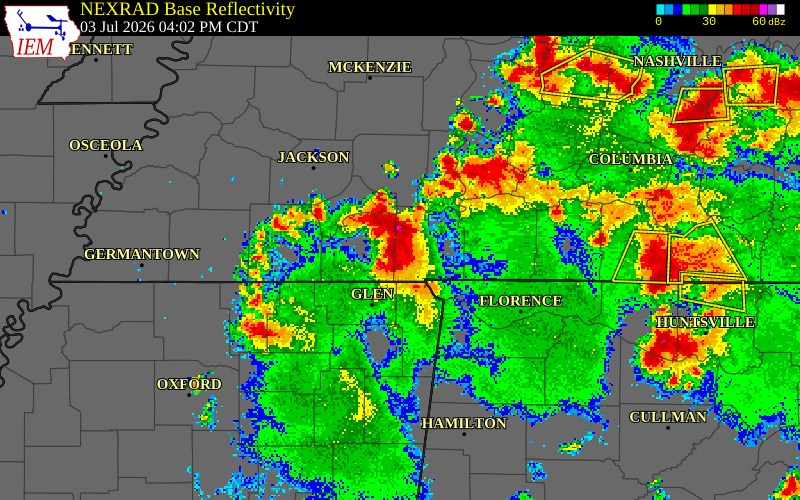 NEXRAD radar during the Friday, July 3, 2026 storm activity in Chester County, Tennessee