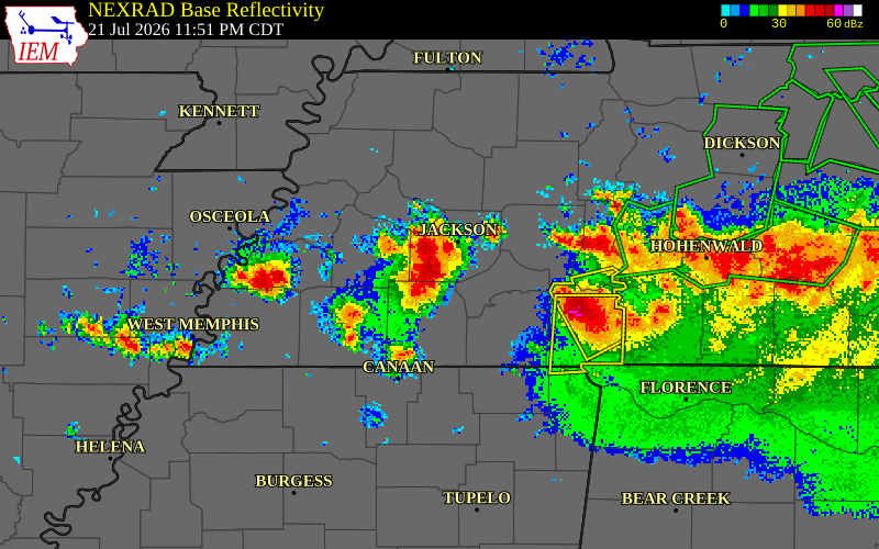 NEXRAD radar during the Tuesday, July 21, 2026 storm activity in Chester County, Tennessee