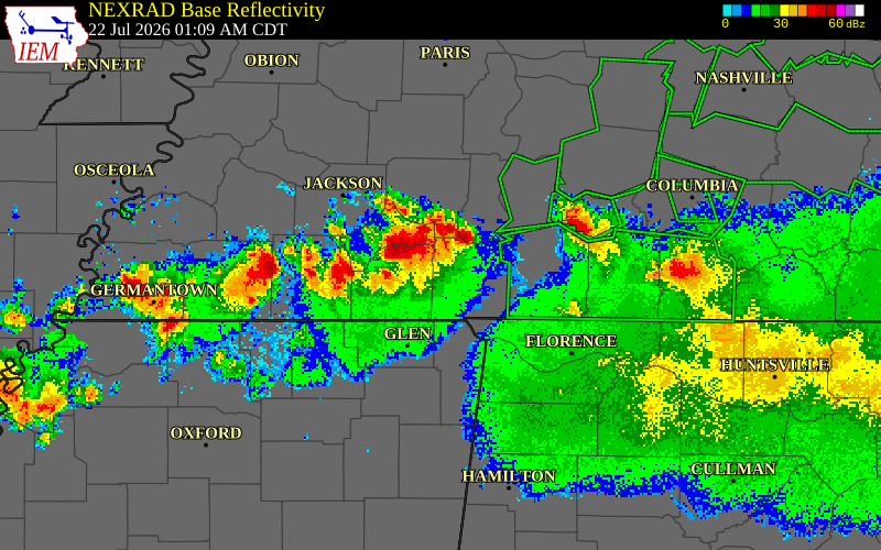 NEXRAD radar during the Wednesday, July 22, 2026 storm activity in Chester County, Tennessee