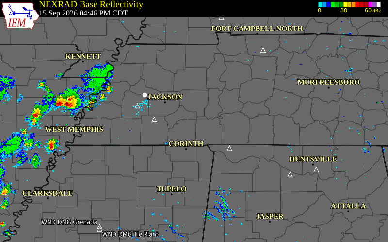 Current NEXRAD radar over Chester County, Tennessee with recent storm report locations