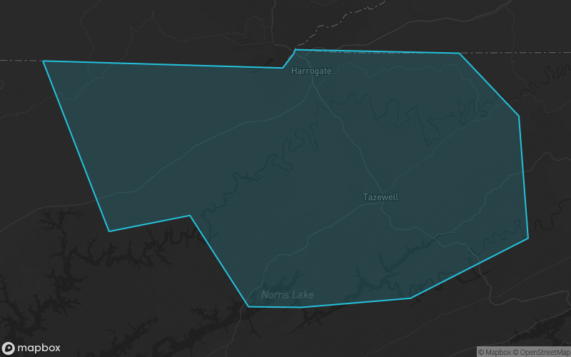 Map of Claiborne County, Tennessee showing the county boundary and surrounding cities
