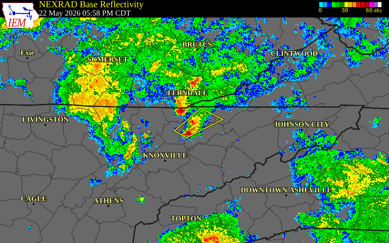 NEXRAD radar during the Friday, May 22, 2026 storm activity in Claiborne County, Tennessee