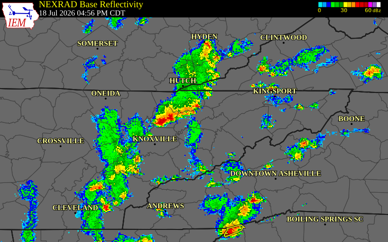 NEXRAD radar during the Saturday, July 18, 2026 storm activity in Claiborne County, Tennessee