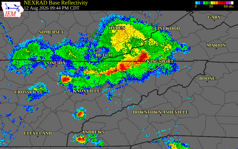 NEXRAD radar during the Wednesday, August 12, 2026 storm activity in Claiborne County, Tennessee