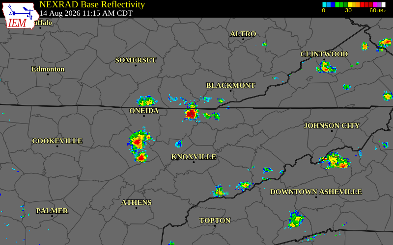 NEXRAD radar during the Friday, August 14, 2026 storm activity in Claiborne County, Tennessee
