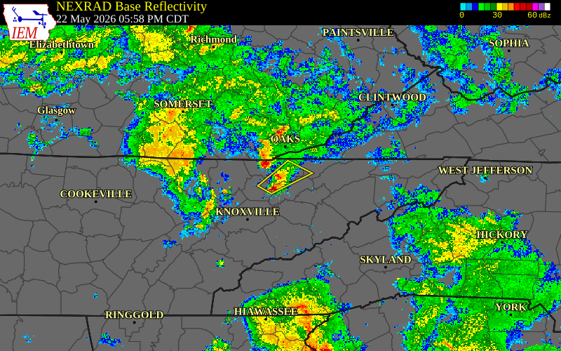 Radar snapshot during the May 22, 2026 tornado event near 3 NNW Lone Mountain, Claiborne County, Tennessee, with NWS warning polygons