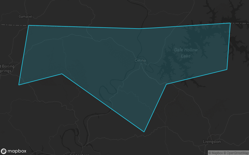 Map of Clay County, Tennessee showing the county boundary and surrounding cities