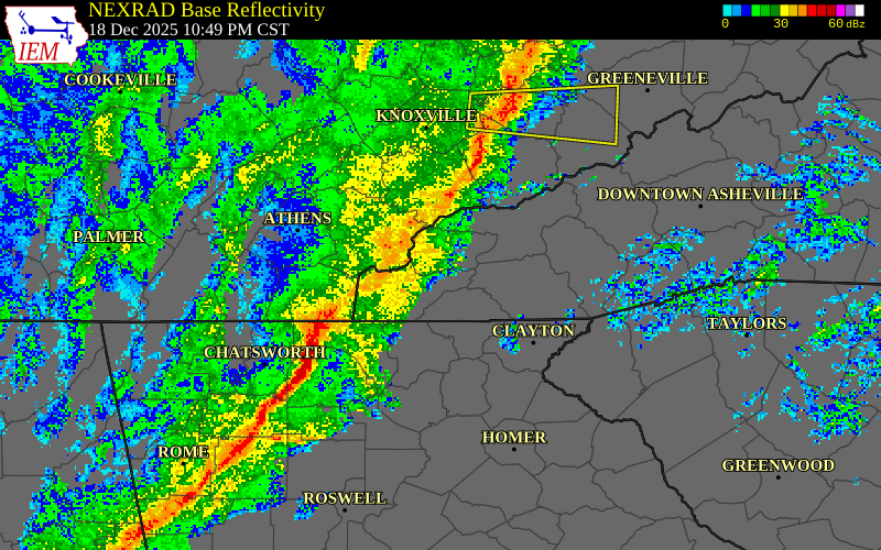 NEXRAD radar during the Thursday, December 18, 2025 storm activity in Clay County, Tennessee