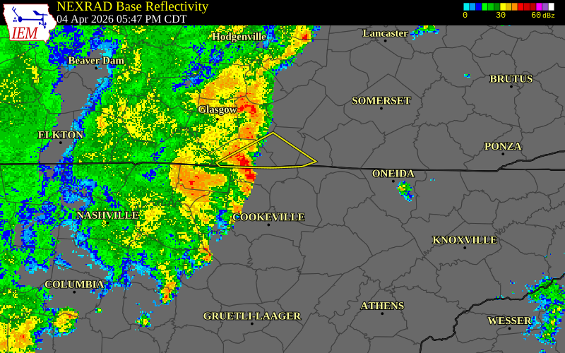 NEXRAD radar during the Saturday, April 4, 2026 storm activity in Clay County, Tennessee