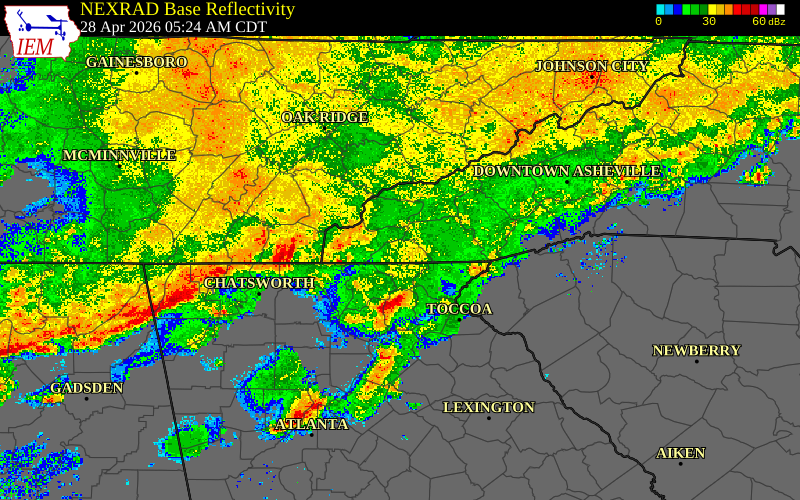 Radar snapshot during the Apr 28, 2026 wind event near Clay County, Clay County, Tennessee, with NWS warning polygons
