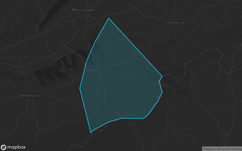 Map of Cocke County, Tennessee showing the county boundary and surrounding cities