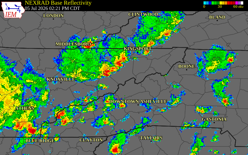 NEXRAD radar during the Sunday, July 5, 2026 storm activity in Cocke County, Tennessee