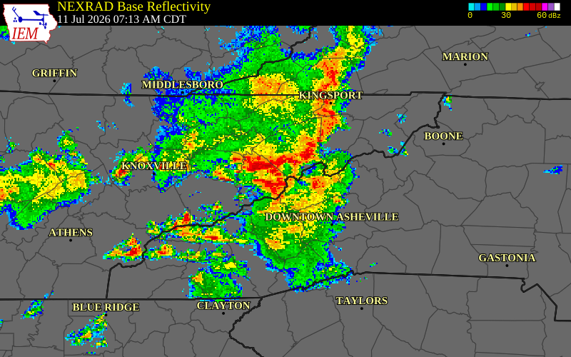 NEXRAD radar during the Saturday, July 11, 2026 storm activity in Cocke County, Tennessee