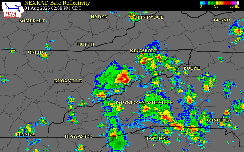 NEXRAD radar during the Tuesday, August 4, 2026 storm activity in Cocke County, Tennessee