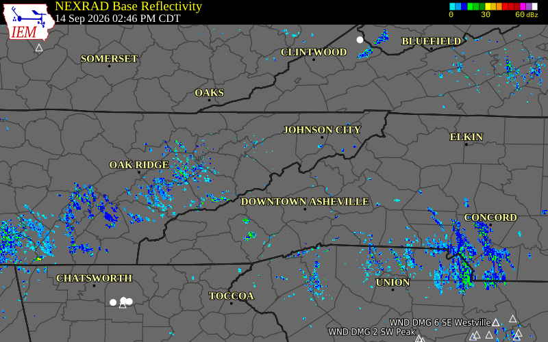 Current NEXRAD radar over Cocke County, Tennessee with recent storm report locations