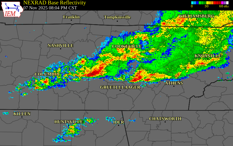 NEXRAD radar during the Friday, November 7, 2025 storm activity in Coffee County, Tennessee