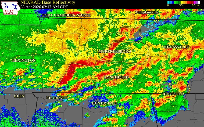 NEXRAD radar during the Tuesday, April 28, 2026 storm activity in Coffee County, Tennessee