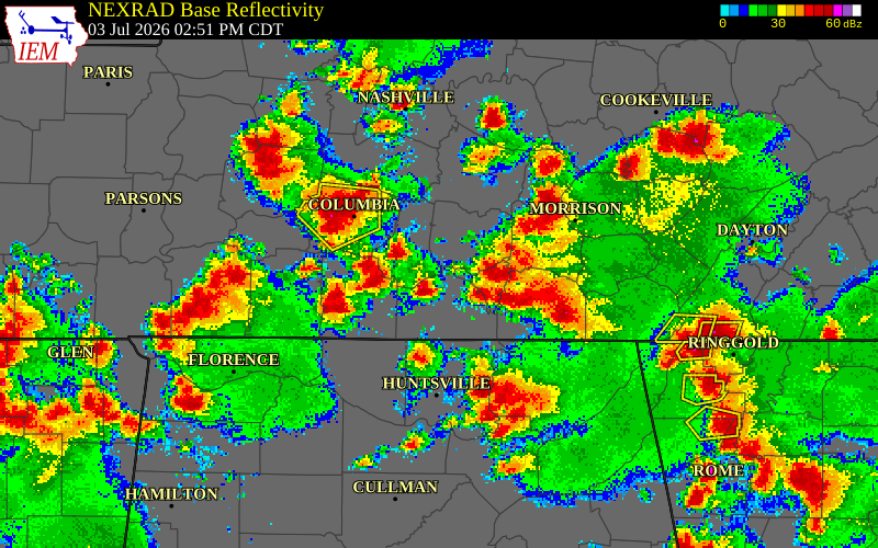 NEXRAD radar during the Friday, July 3, 2026 storm activity in Coffee County, Tennessee