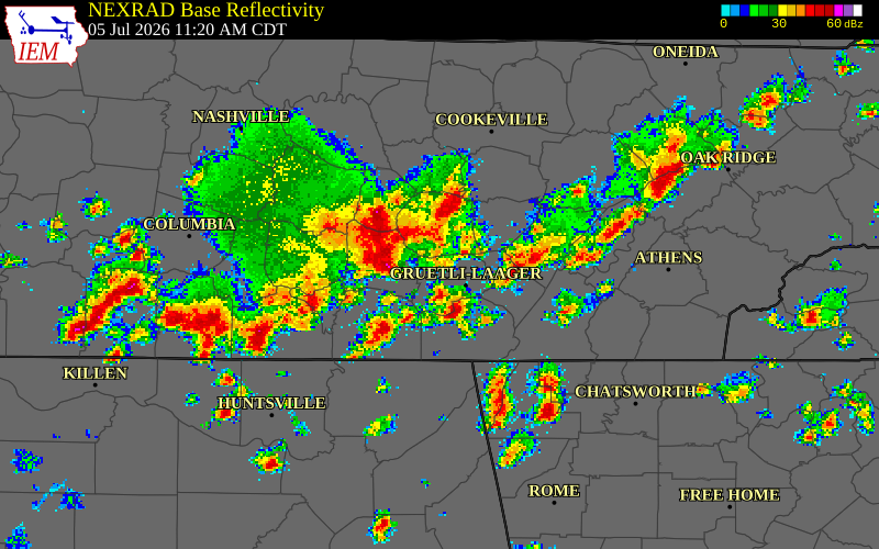 NEXRAD radar during the Sunday, July 5, 2026 storm activity in Coffee County, Tennessee