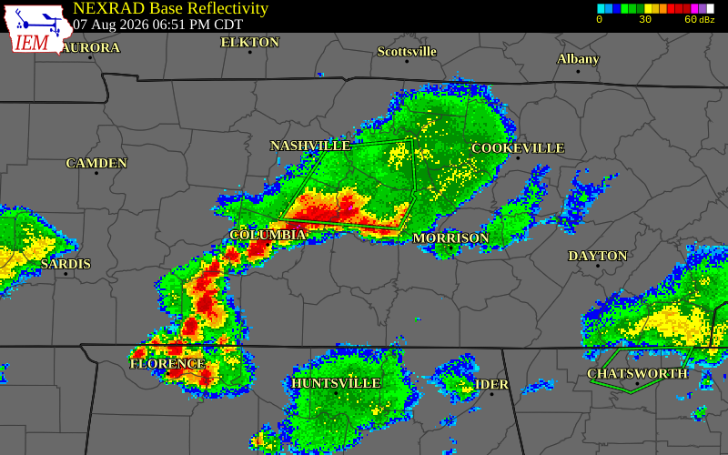 NEXRAD radar during the Friday, August 7, 2026 storm activity in Coffee County, Tennessee