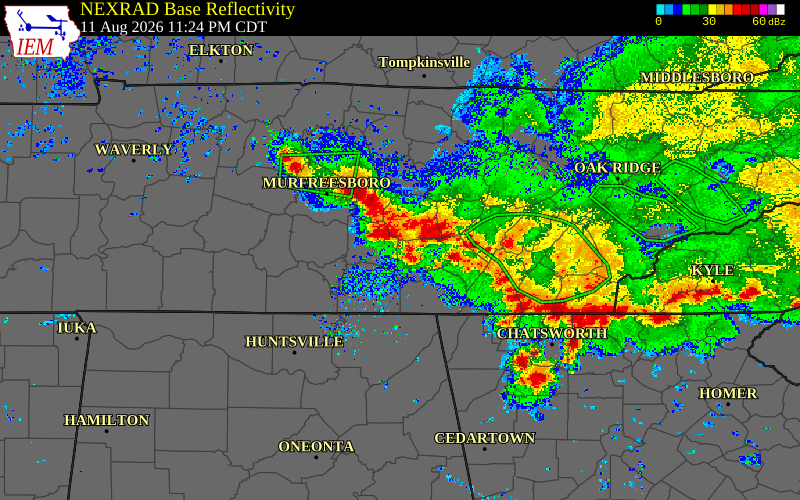 Radar snapshot during the Aug 11, 2026 wind event near Coffee County, Coffee County, Tennessee, with NWS warning polygons