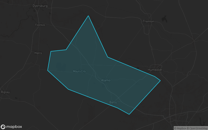 Map of Crockett County, Tennessee showing the county boundary and surrounding cities