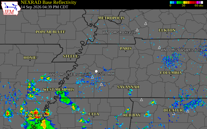 Current NEXRAD radar over Crockett County, Tennessee with recent storm report locations
