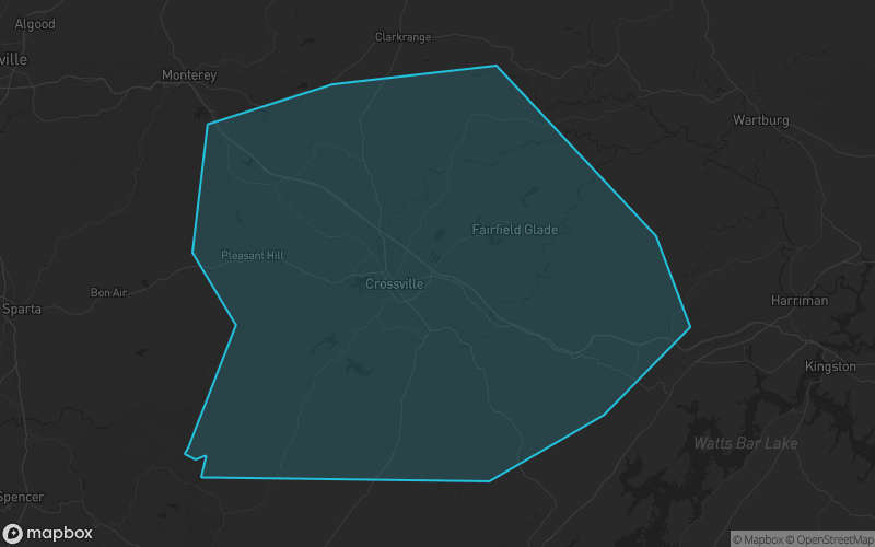 Map of Cumberland County, Tennessee showing the county boundary and surrounding cities