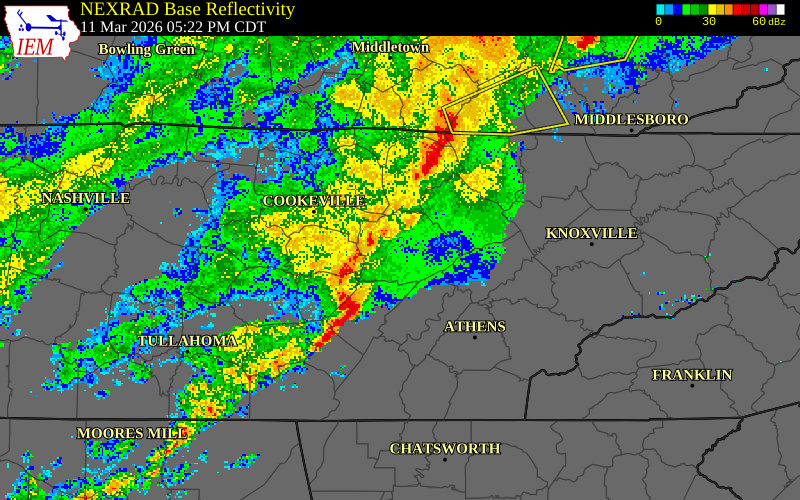 NEXRAD radar during the Wednesday, March 11, 2026 storm activity in Cumberland County, Tennessee
