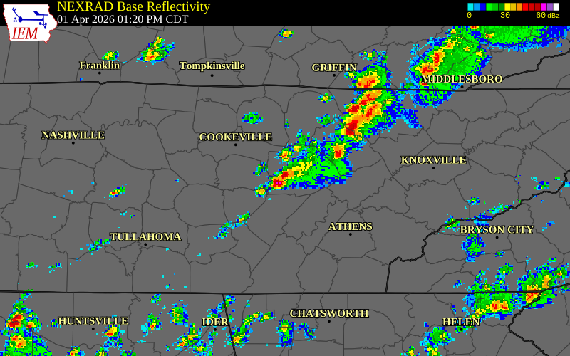 NEXRAD radar during the Wednesday, April 1, 2026 storm activity in Cumberland County, Tennessee