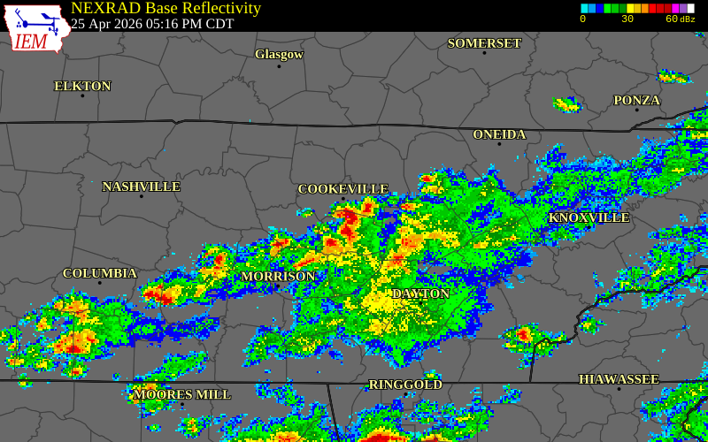 NEXRAD radar during the Saturday, April 25, 2026 storm activity in Cumberland County, Tennessee