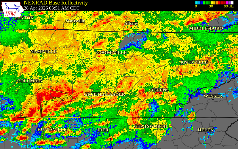 NEXRAD radar during the Tuesday, April 28, 2026 storm activity in Cumberland County, Tennessee