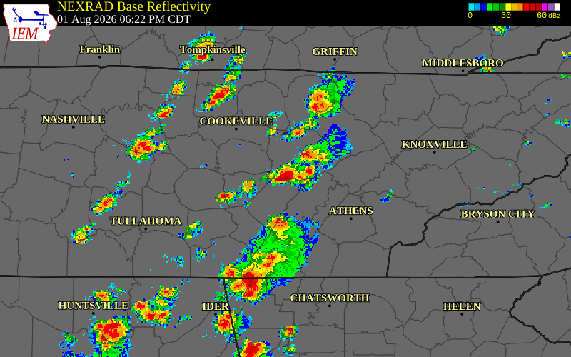 NEXRAD radar during the Saturday, August 1, 2026 storm activity in Cumberland County, Tennessee