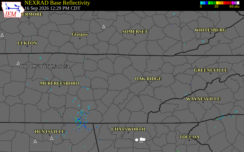 Current NEXRAD radar over Cumberland County, Tennessee with recent storm report locations