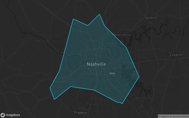 Map of Davidson County, Tennessee showing the county boundary and surrounding cities