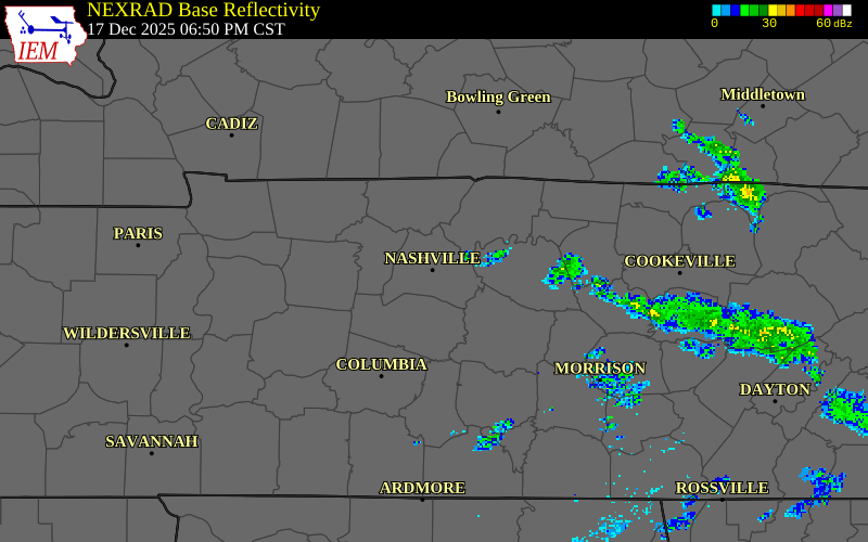 NEXRAD radar during the Wednesday, December 17, 2025 storm activity in Davidson County, Tennessee