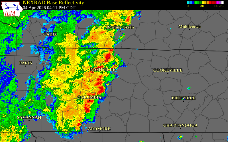 NEXRAD radar during the Saturday, April 4, 2026 storm activity in Davidson County, Tennessee