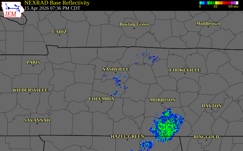 NEXRAD radar during the Wednesday, April 15, 2026 storm activity in Davidson County, Tennessee