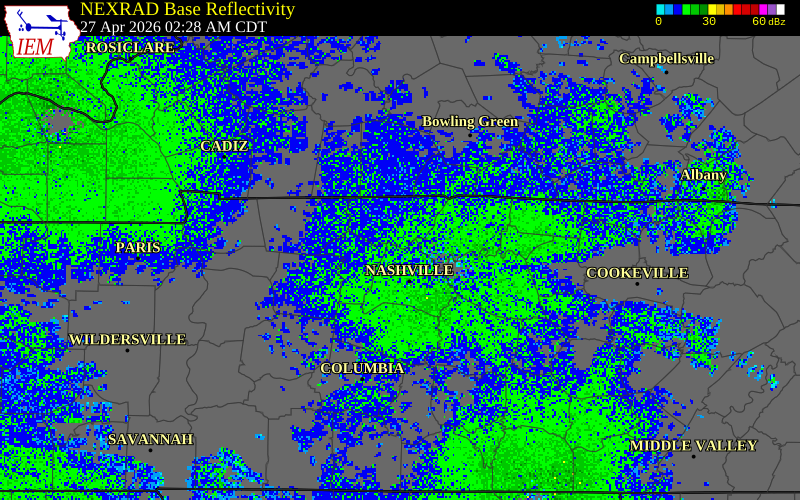 NEXRAD radar during the Monday, April 27, 2026 storm activity in Davidson County, Tennessee